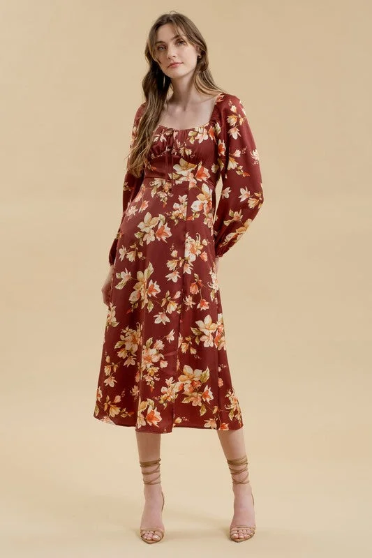 LAURIE FLORAL LONG SLEEVE SPLIT THIGH MIDI DRESS Stylish Animal Print Midi Dress