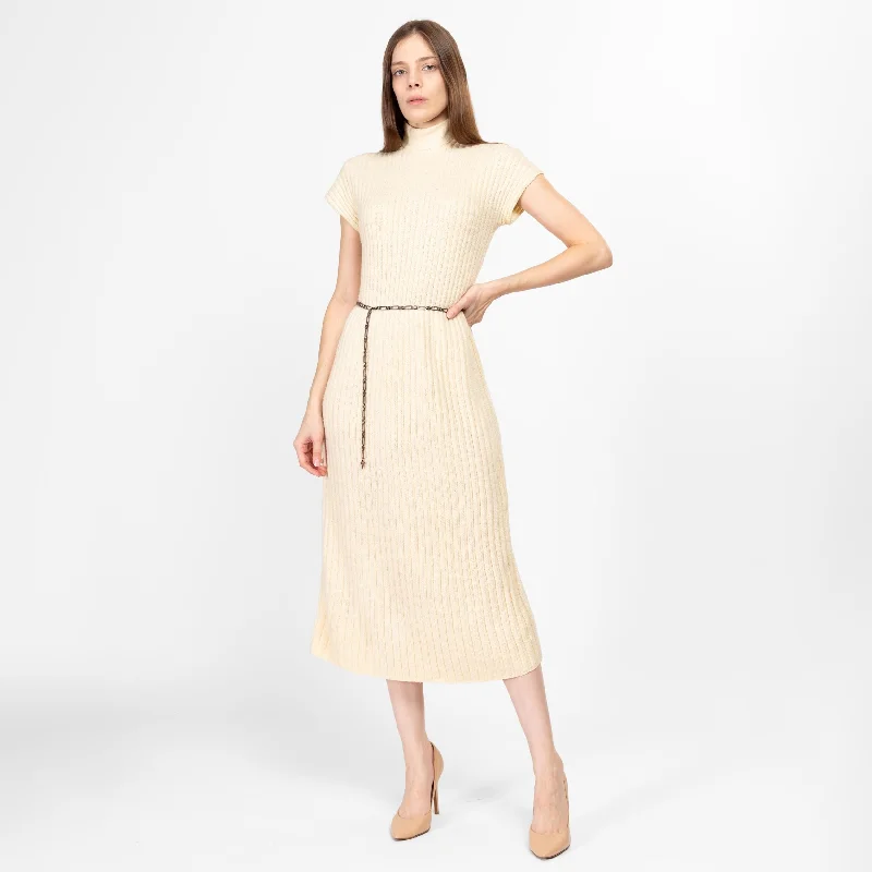 Medium 60s Cream Ribbed Knit Midi Dress Stylish Striped Midi Dress