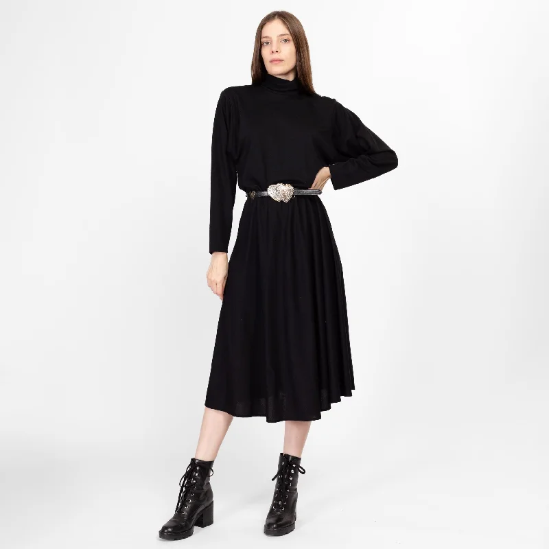 Medium 80s Black Mockneck Long Sleeve Midi Dress Stylish Vintage Midi Dress