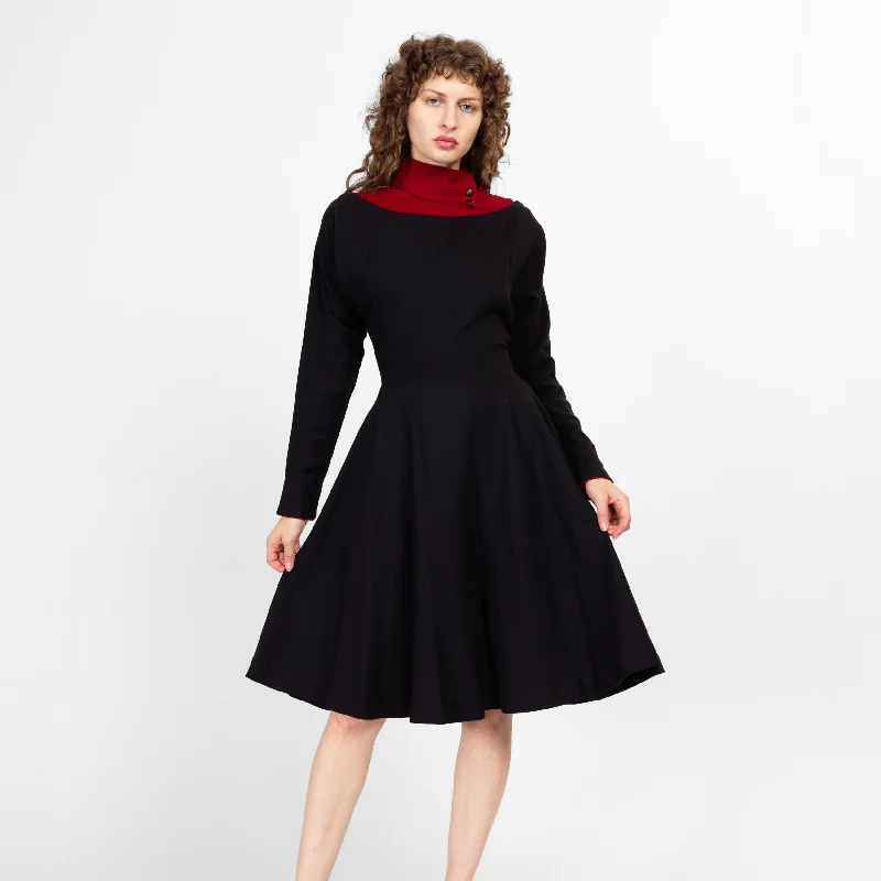 Medium 80s Georges Rech Black & Red Wool Midi Dress Stylish Off-Shoulder Ruffle Dress