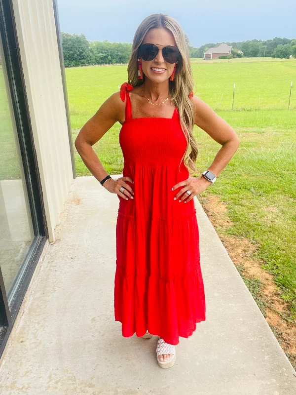 OCEAN BREEZE IN RED MIDI DRESS Comfortable Denim Midi Dress