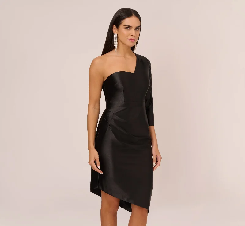 One Shoulder Satin Midi Dress With Three-Quarter Sleeve In Black Comfortable Fit-and-Flare Midi Dress