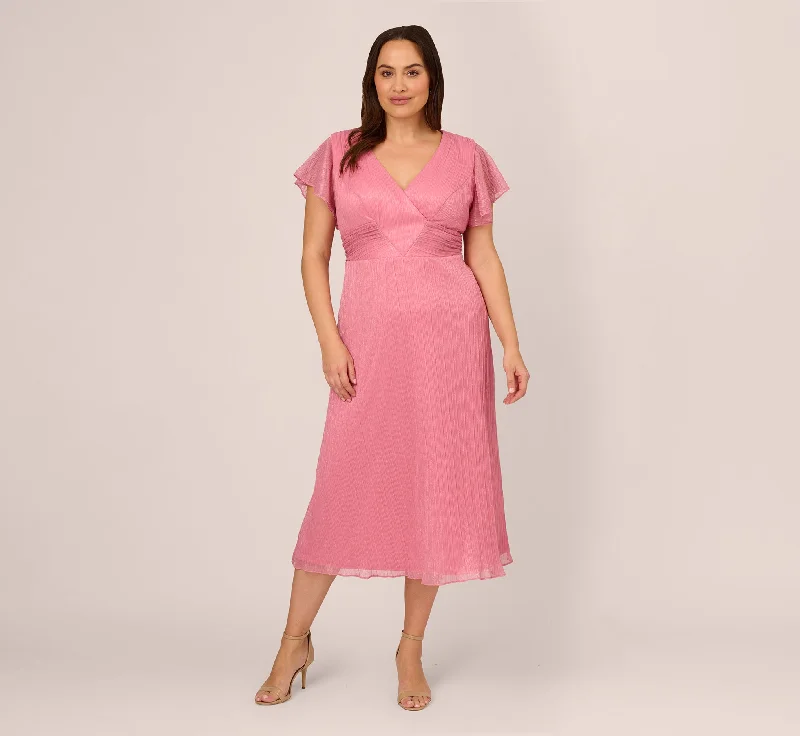 Plus Size Crinkle Mesh Midi Dress With Flutter Sleeves In Faded Rose Stylish Color Block Midi Dress