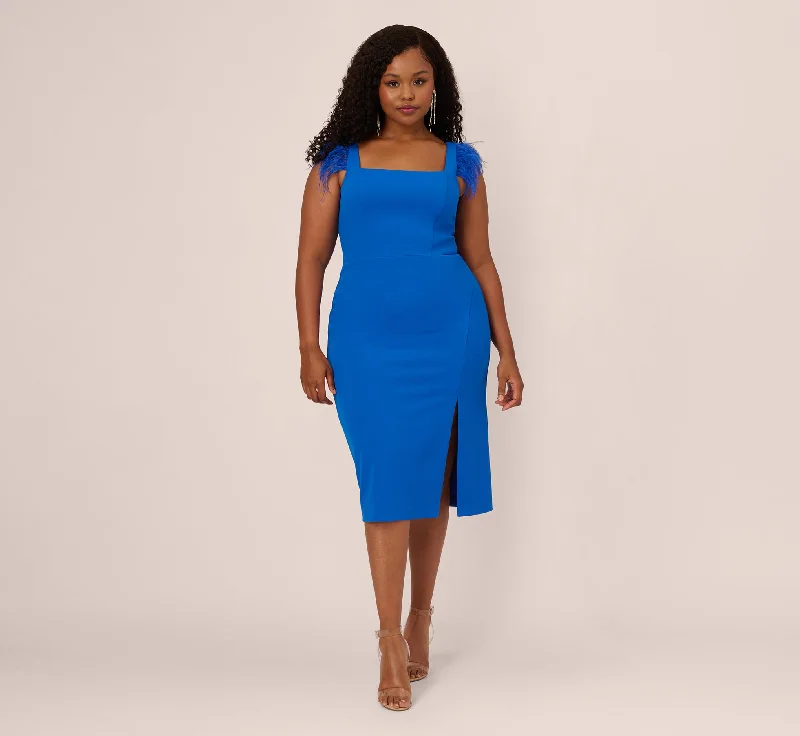 Plus Size Knit Crepe Midi Dress With Feather Shoulder Accents In Dark Cobalt Comfortable Casual Midi Dress