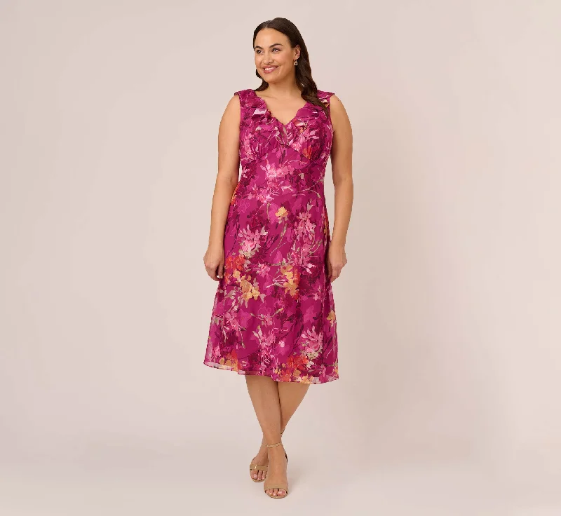 Plus Size Metallic Floral Chiffon Midi Dress With Ruffled Neckline In Raspberry Multi Elegant Maxi-Midi Hybrid Dress