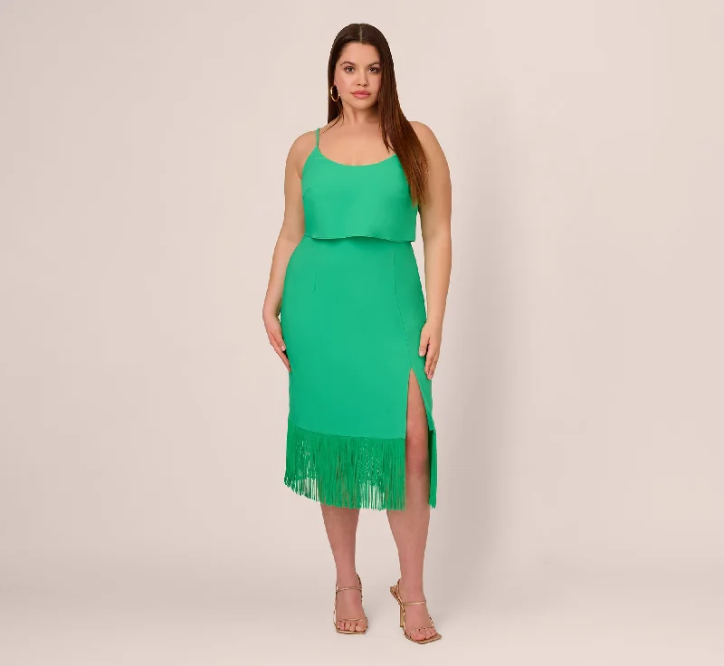 Plus Size Stretch Crepe Popover Midi Dress With Fringe Hem In Summer Green Stylish Tiered Midi Dress