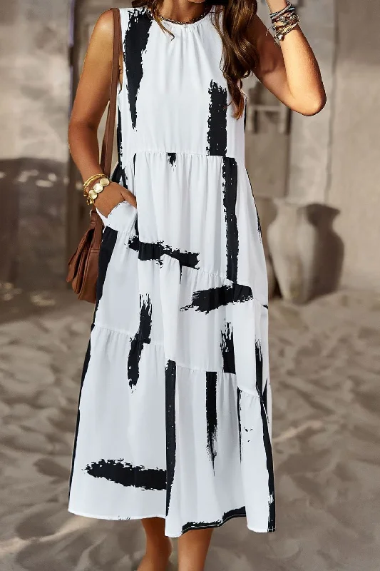 Printed Sleeveless Midi Dress with Pocket Stylish Color Block Midi Dress