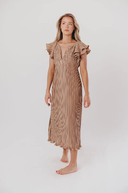 Lucky Charm Midi Dress in Mocha - Bump Friendly & Inclusive Sizing (S-3XL) Stylish Pleated Skirt Midi Dress