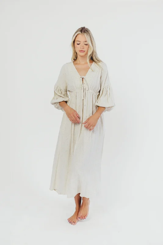 Hunter Linen-Blend Midi Dress in Greige - Bump Friendly and Inclusive Sizing Fashionable Floral Embroidery Midi Dress