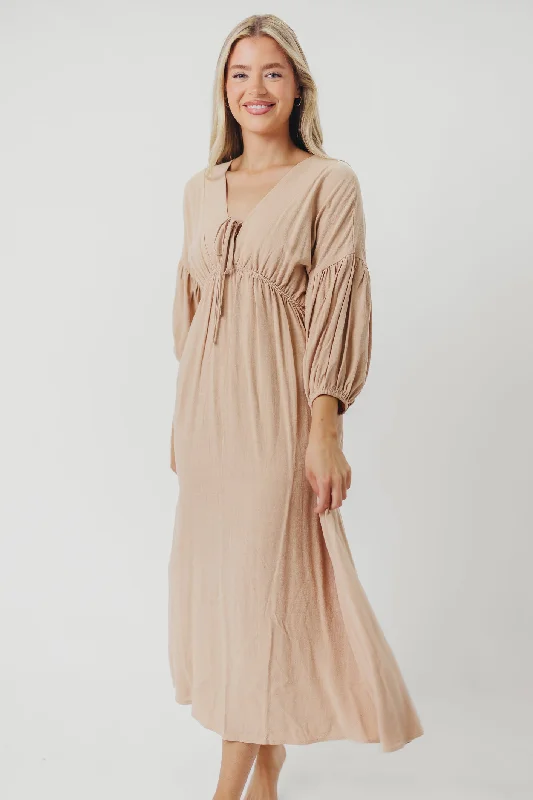 Hunter Linen-Blend Midi Dress in Pink Beige - Bump Friendly (XS-XL) Trendy Flared Sleeve Midi Dress