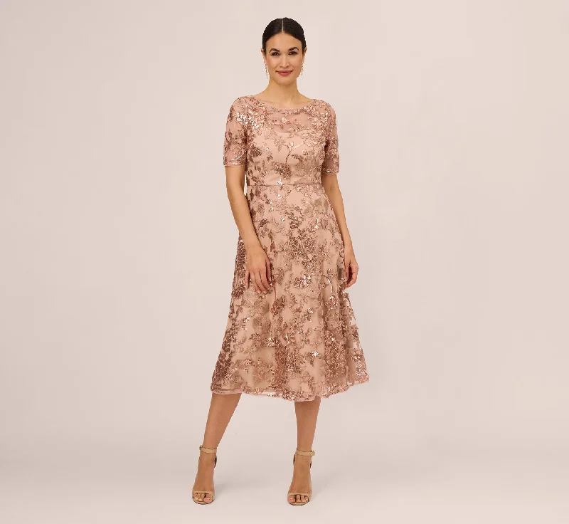 Sequin Embroidered Midi Dress With Sheer Short Sleeves In Almondine Comfortable Sleeveless Midi Dress