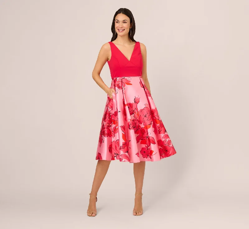 Sleeveless Midi Dress With Floral Printed Mikado Skirt In Pink Red Multi Trendy Floral Wrap Midi Dress