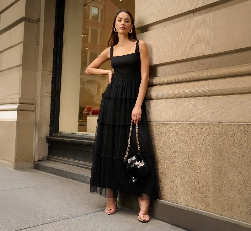 Sleeveless Midi Dress With Square Neck And Tiered Skirt In Black Comfortable Short Sleeve Midi Dress