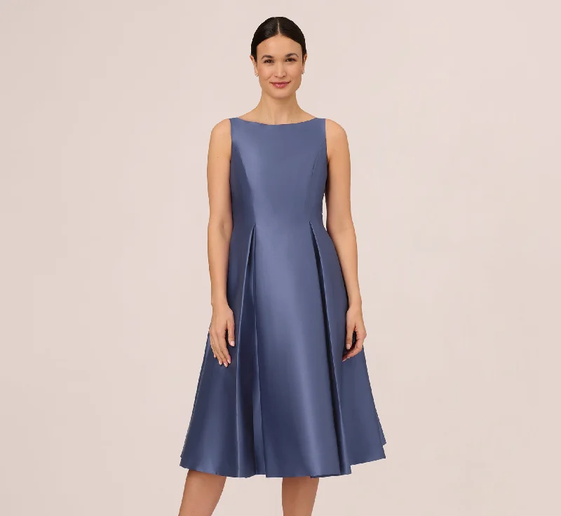 Sleeveless Mikado Fit And Flare Midi Dress With V-Back In Blue Frost Comfortable Adjustable Strap Midi Dress