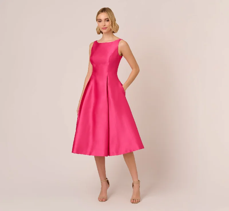 Sleeveless Mikado Fit And Flare Midi Dress With V-Back In Electric Pink Fashionable High-Neck Midi Dress