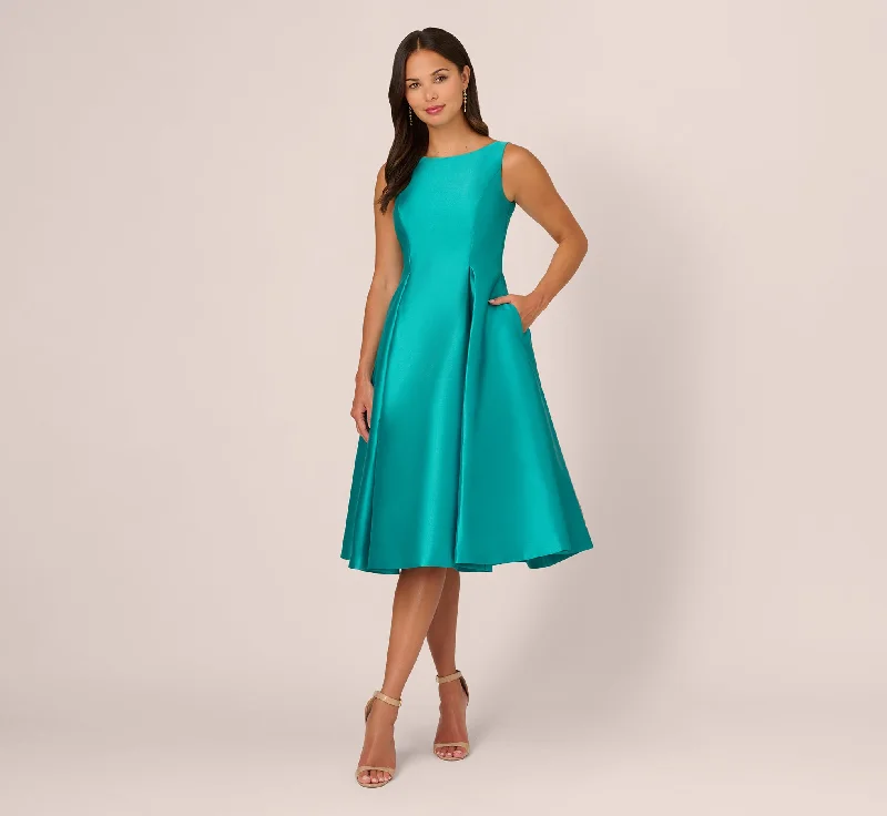 Sleeveless Mikado Fit And Flare Midi Dress With V-Back In Exotic Jade Elegant Floral Skirt Midi Dress