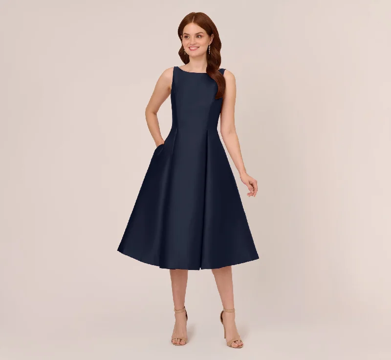 Sleeveless Mikado Fit And Flare Midi Dress With V-Back In Midnight Comfortable Short Sleeve Midi Dress