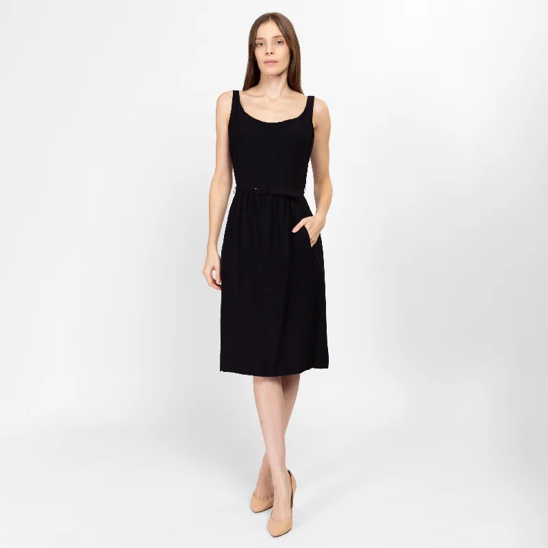 Sm-Med 50s 60s Suzy Perette Black Belted Sleeveless Midi Dress Elegant V-Neck Midi Dress