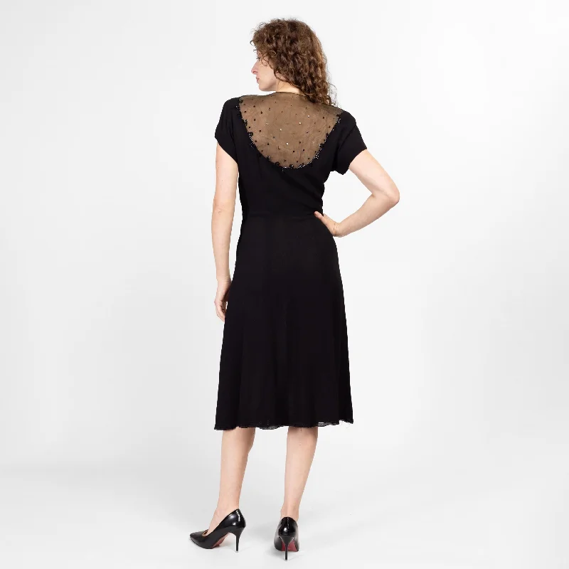 Small 1940s Black Sheer Sequin Trim Peplum Midi Dress, As Is Trendy Smocked Detail Midi Dress