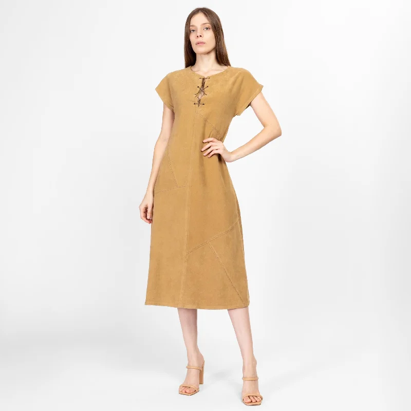 Small 80s Tan Ultrasuede Faux Buckskin Midi Dress Chic Lace Detail Midi Dress