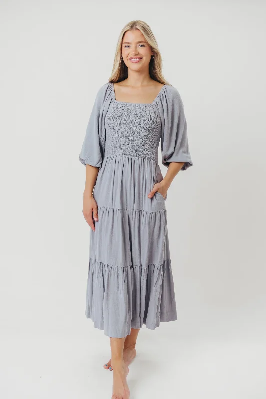 Taylor Linen-Blend Smocked Midi Dress with Tiered Skirt in Blue Fog - Inclusive Sizing Chic Bohemian Midi Dress