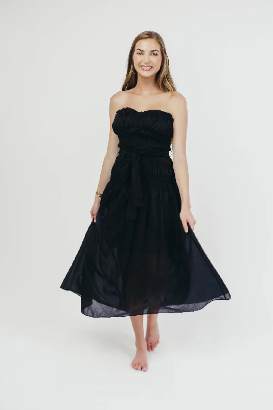 Devin Strapless Midi Dress with Sash in Black Comfortable Ruched Midi Dress