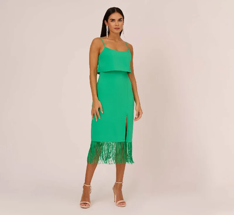 Stretch Crepe Popover Midi Dress With Fringe Hem In Summer Green Fashionable High-Low Midi Dress