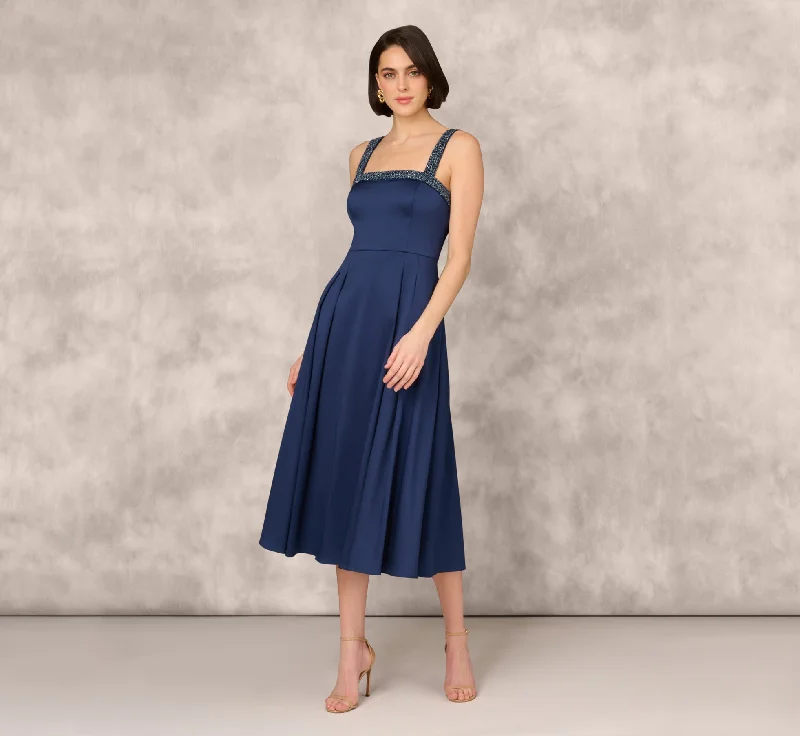 Stretch Mikado Midi Dress With Beaded Neckline And Straps In Navy Cozy Ribbed Knit Midi Dress