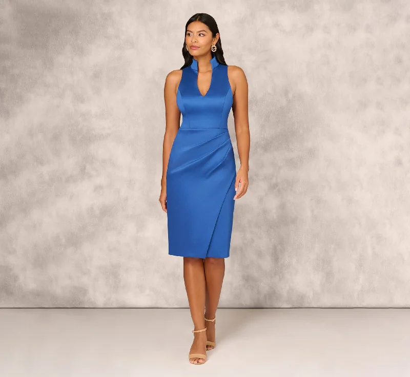 Stretch Mikado Midi Dress With Faux Wrap Details In Deep Ocean Comfortable Empire Waist Midi Dress