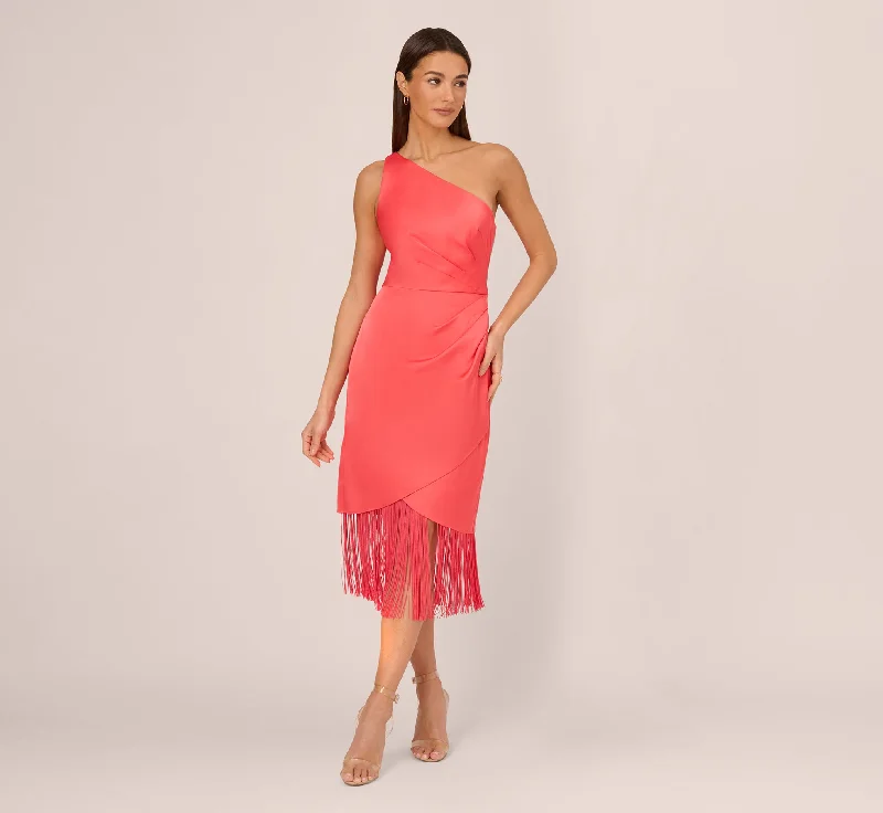 Stretch Satin One Shoulder Midi Dress With Fringe Skirt In Spicy Coral Fashionable Shift Midi Dress