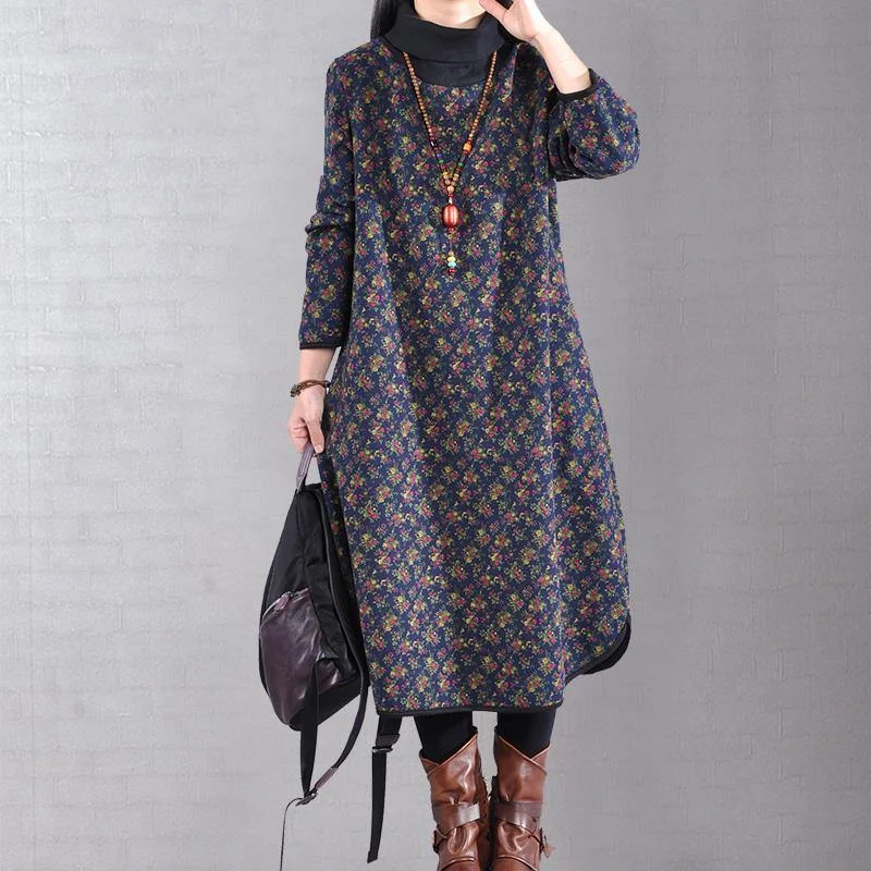 Style high neck cotton winter clothes Fabrics blue prints cotton Dress