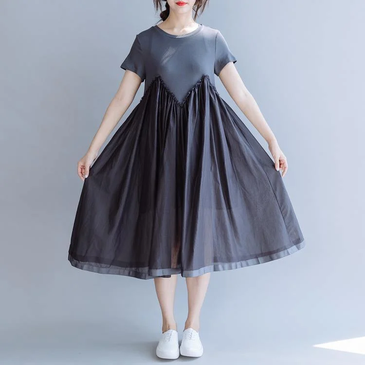 Style o neck patchwork cotton clothes pattern gray Plus Size Dresses summer
