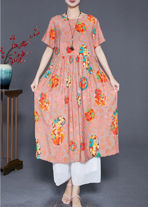 Style Orange Oversized Print Linen Holiday Dress Summer