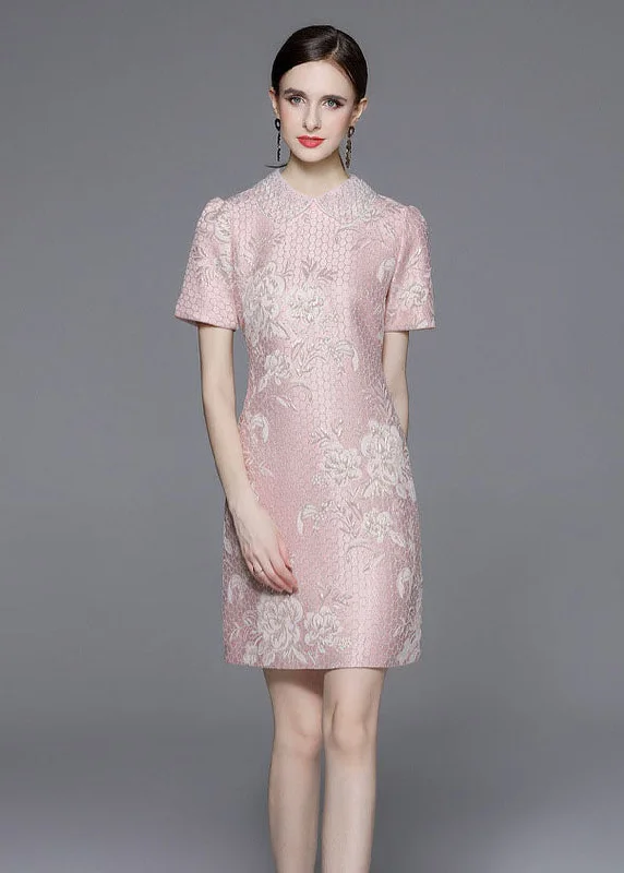 Style Pink Peter Pan Collar Jacquard Patchwork Cotton Mid Dress Summer