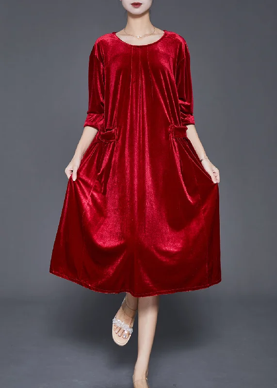 Style Red Oversized Pockets Silk Velour Dress Fall