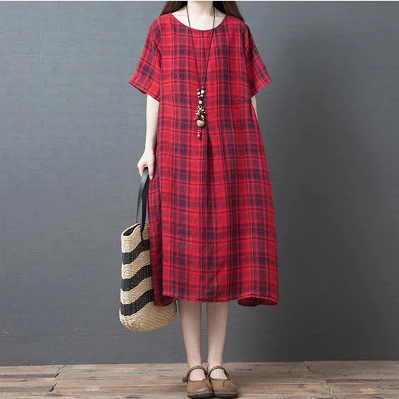 Style red Plaid linen cotton dress pockets o neck short summer Dress