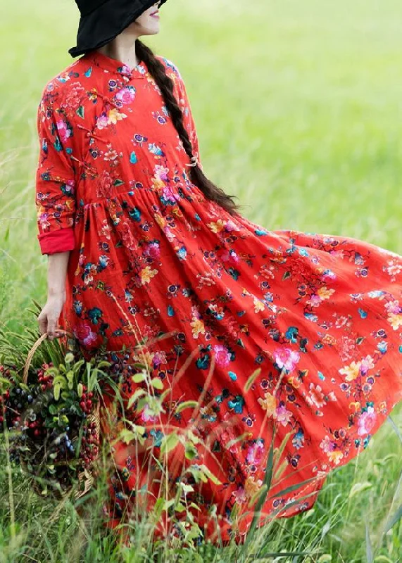 Style Stand Spring Clothes For Women Design Red Print Dresses