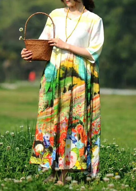 Style V Neck Cinched Summer Tunics For Women Photography Print Kaftan Dresses