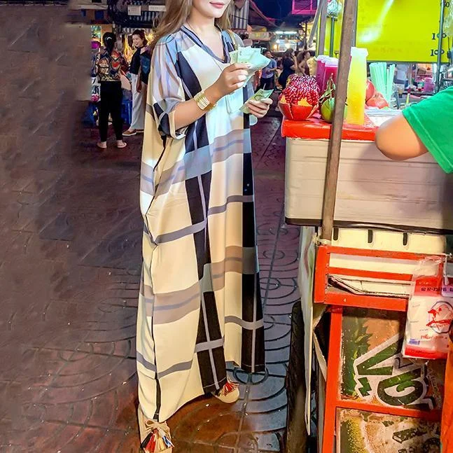 Style v neck large hem summer tunic pattern design Plaid Art Dress