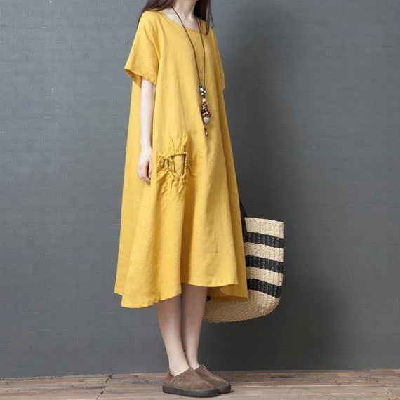 Style yellow linen clothes o neck drawstring Plus Size summer Dress