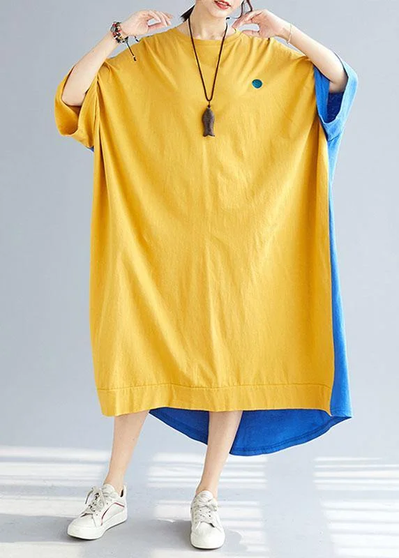 Style Yellow Patchwork Blue Summer Holiday Dress Half Sleeve