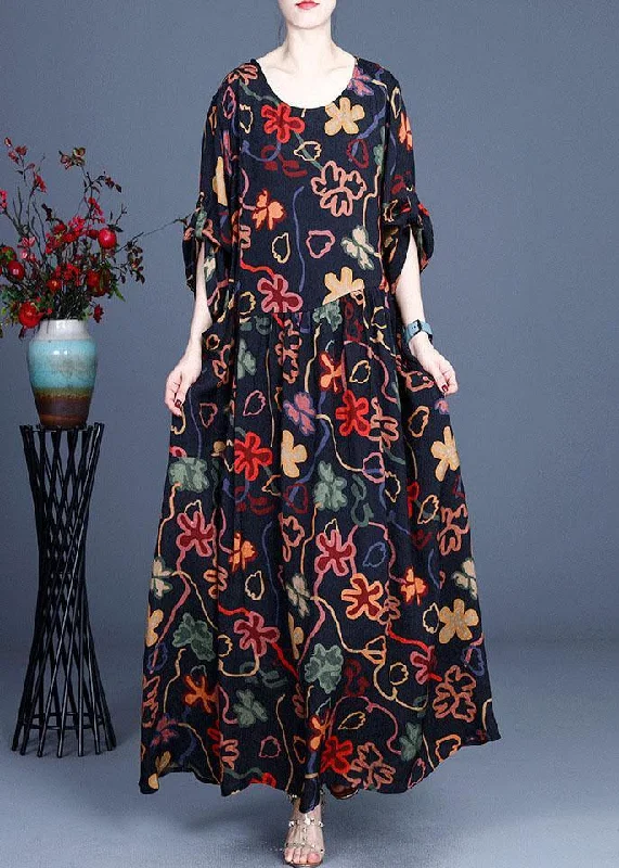 Stylish Navy Print O-Neck Asymmetrical Design Summer Chiffon Cute Ankle Dress