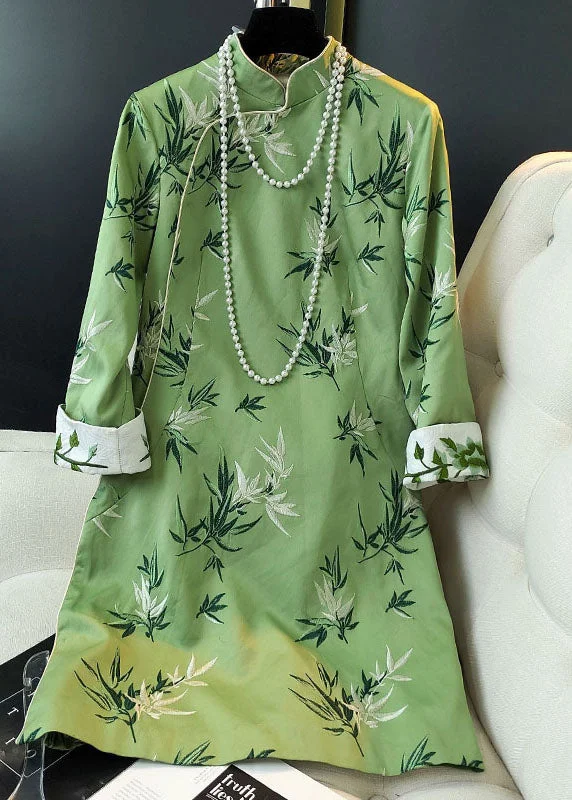 Stylish Green Mandarin Collar Embroidery Slim Fit Silk Dress Spring