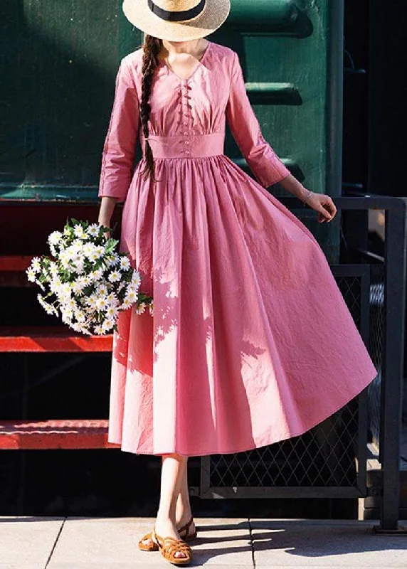 Stylish Pink Button V Neck Mid Summer Cotton Dress