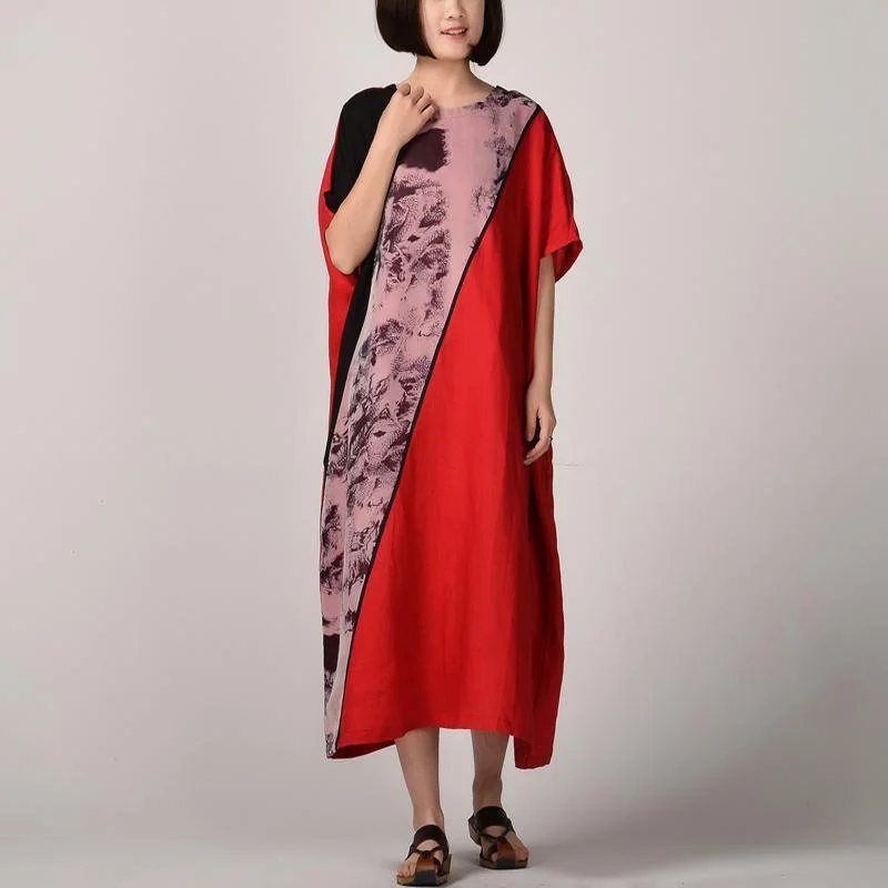 stylish red natural linen dress  plus size clothing patchwork gown Elegant batwing sleeve gown