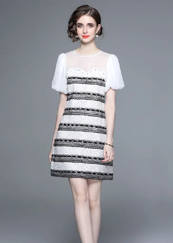 Stylish White O-Neck Zircon Tulle Patchwork Lace Mid Dress Summer