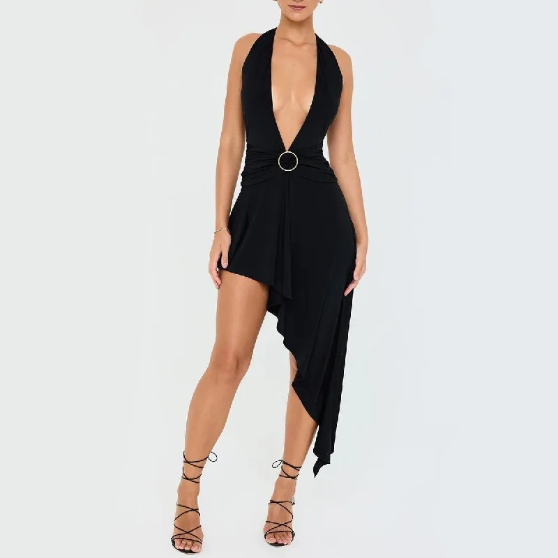 Sultry Halter Neck Midi Dress with Thigh-High Split Classic Black Midi Dress