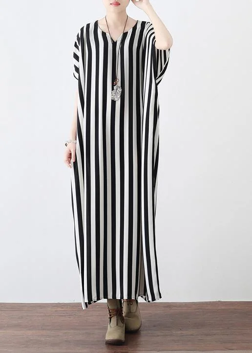 Summer Big Bat Sleeve Black And White Stripe Chiffon Dress