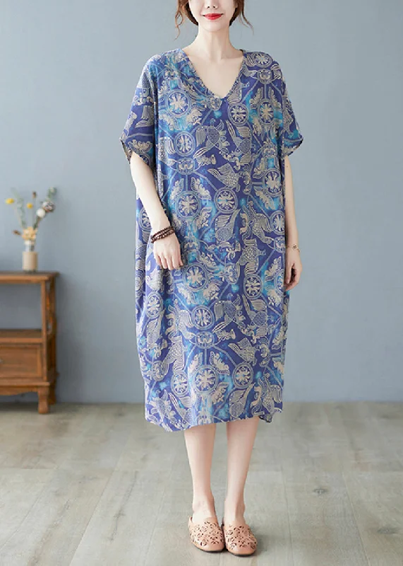 Summer Blue V Neck Print Cotton Holiday Dress