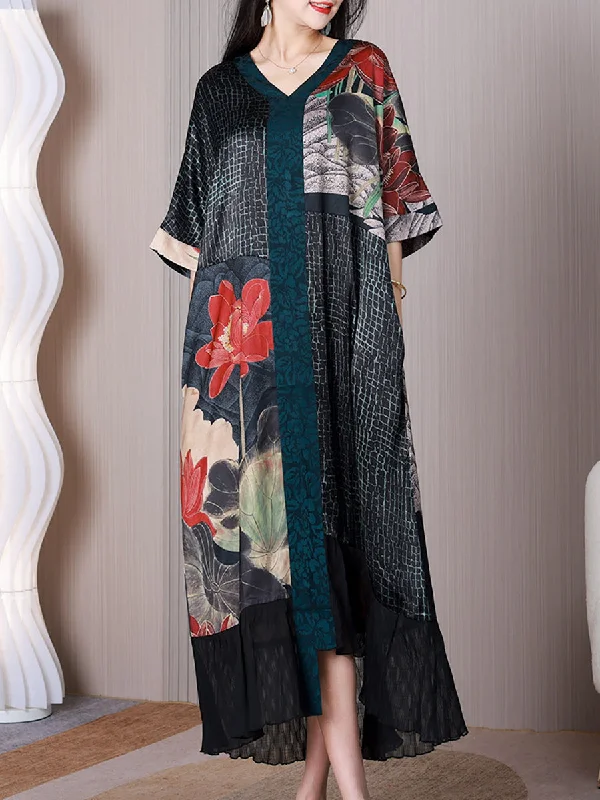 Summer Ethnic Flower Spliced V-Neck Loose Dress